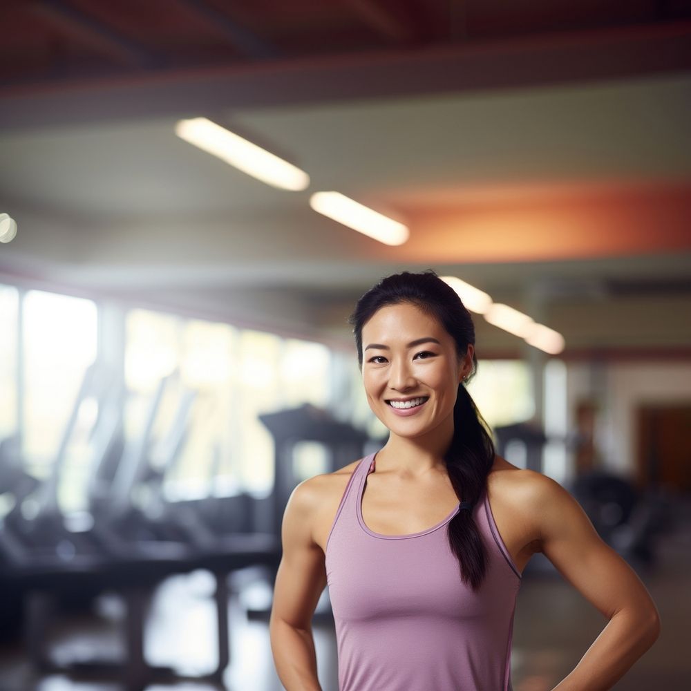 a photo of an Asian woman in sportswear standing in the gym. 