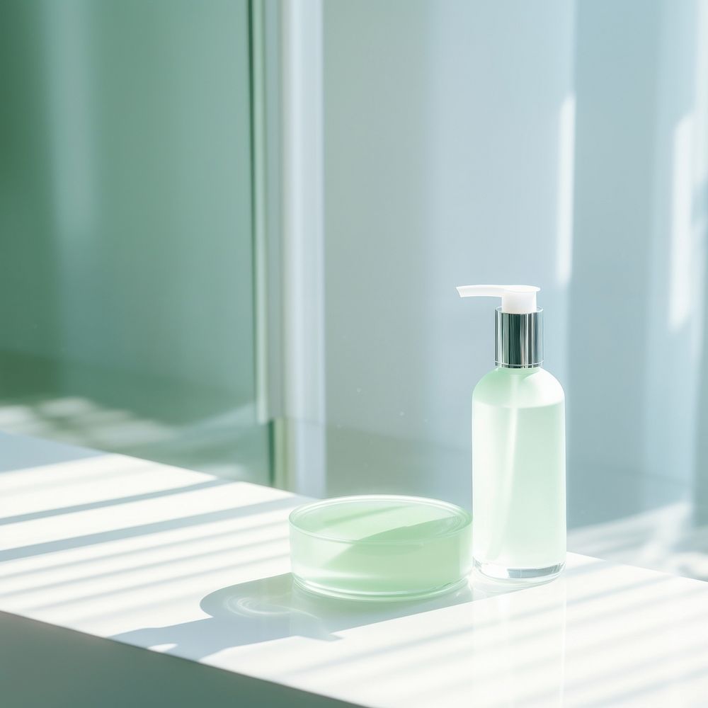 Bathroom bottle green container.