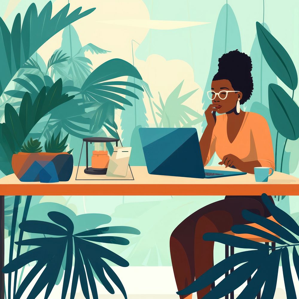 flat illustration of african american woman talking on phone while work with laptop on table. 