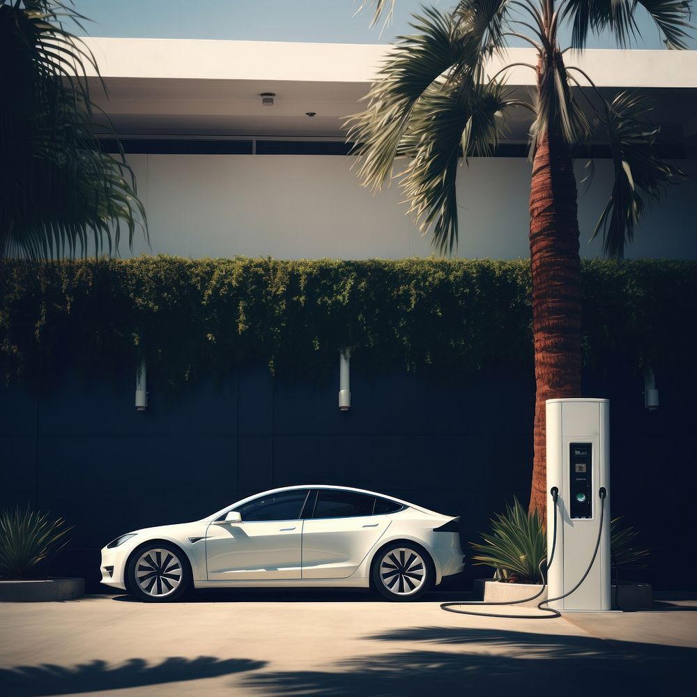 Photo of a white of car at ev charging. 