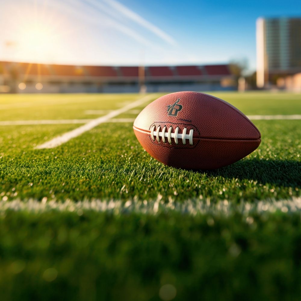 photo of Close-up of American Football on Grass Field with Blurry Stadium in Background. AI generated Image by rawpixel.