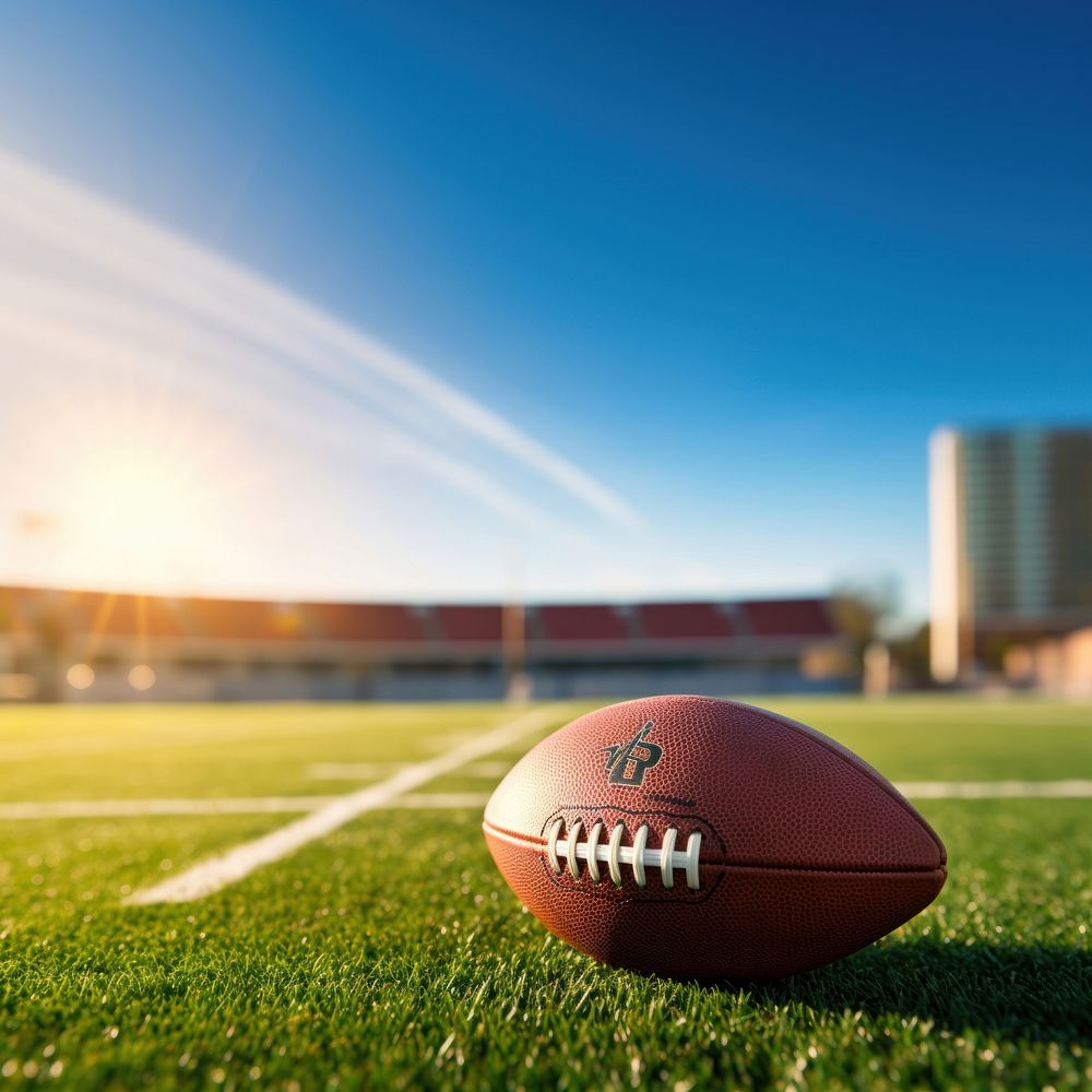 photo of Close-up of American Football on Grass Field with Blurry Stadium in Background. 