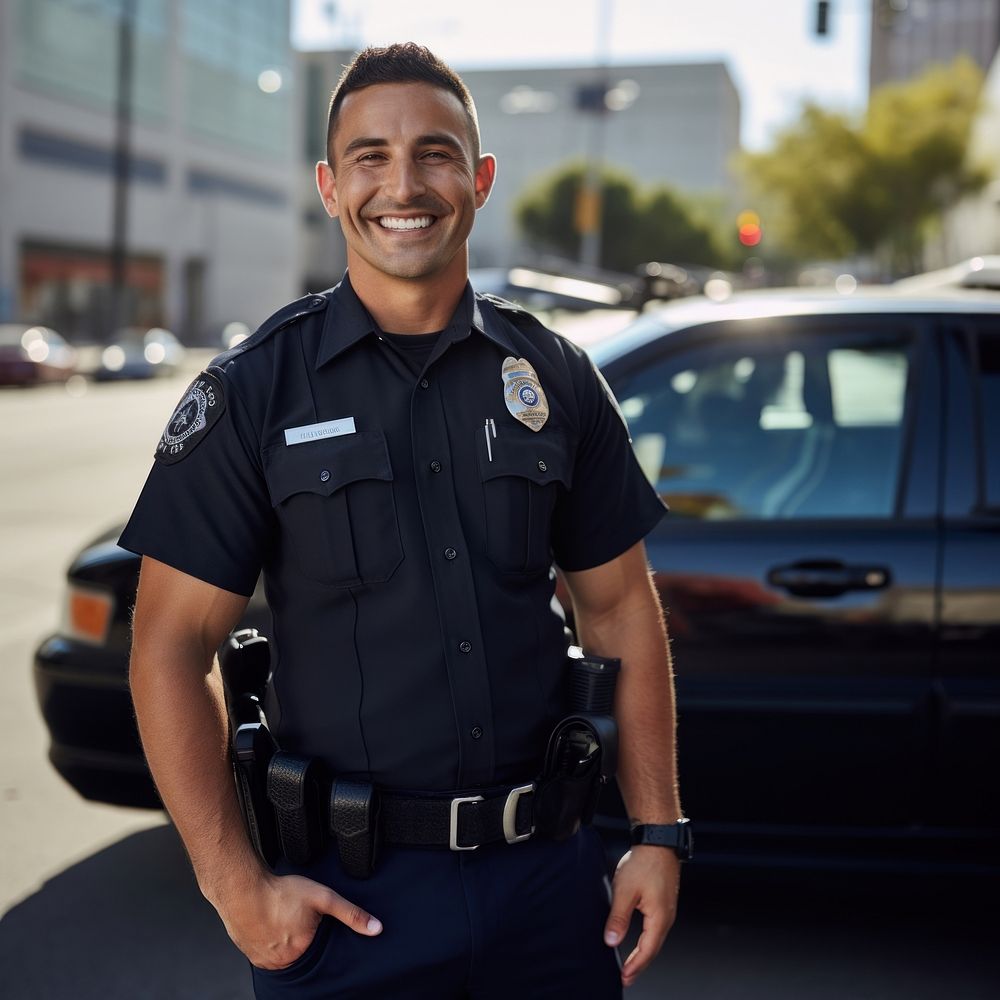 photo of police man smiling beside of a blurry police car background.  