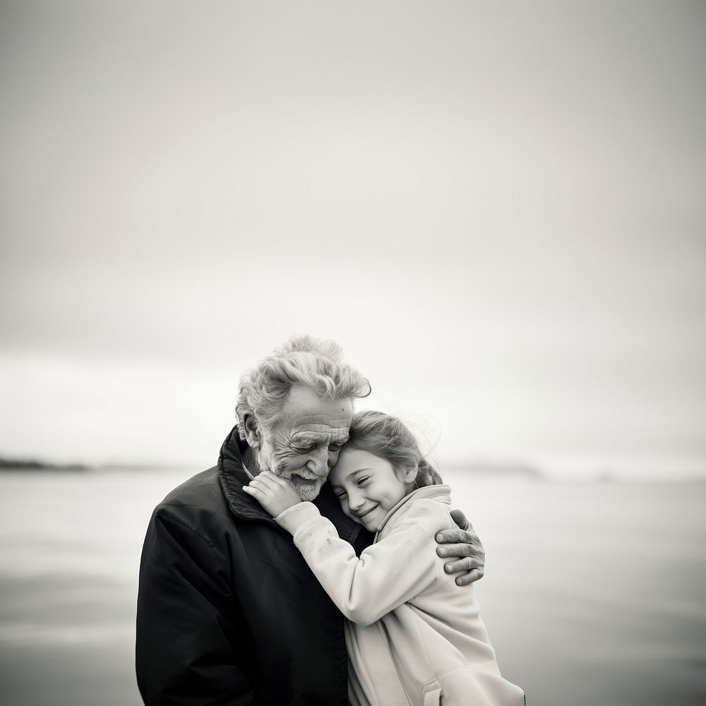 Real photo of granddaughter hugging grandpa in family time. AI generated Image by rawpixel. 