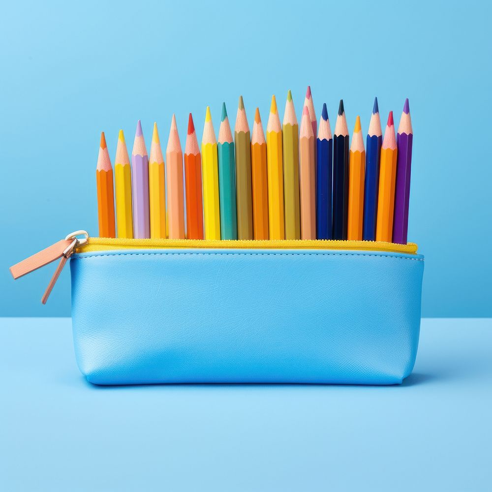 Yellow pencil case blue blue background colored pencil. AI generated Image by rawpixel.