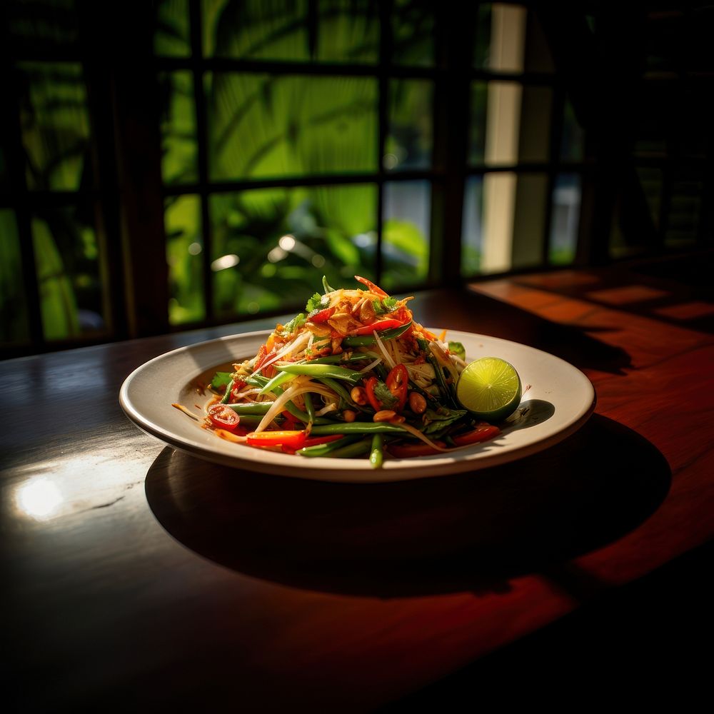 Thai papaya salad dish plate table. AI generated Image by rawpixel.