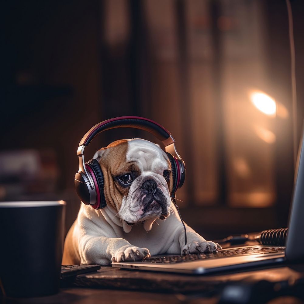 Dog wearing headphones bulldog sitting animal. 