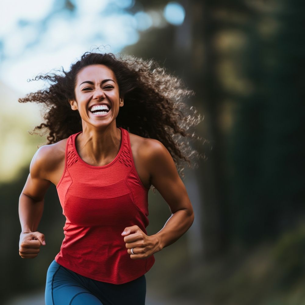 Laughing running adult woman. 