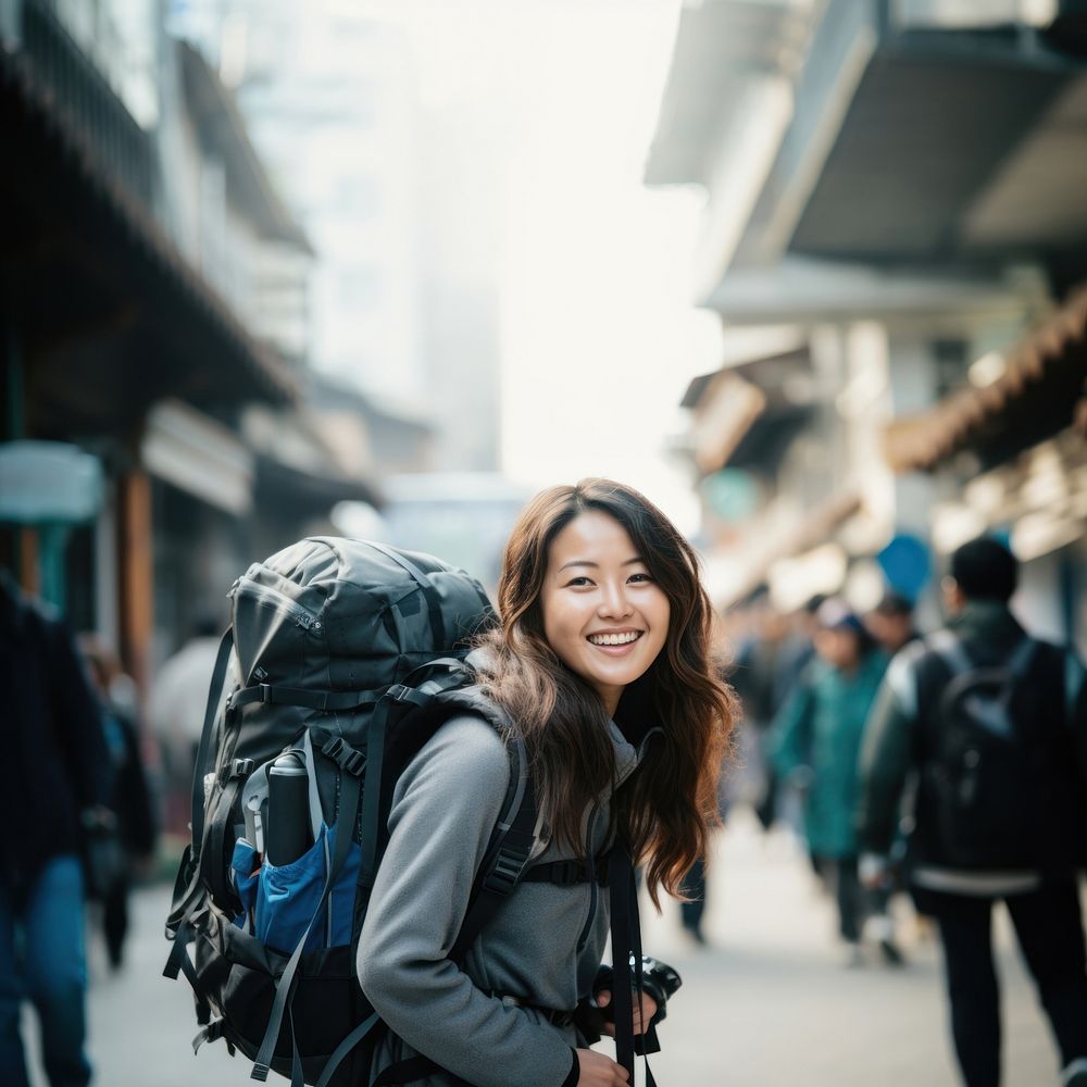 Bag backpack smiling tourist. AI generated Image by rawpixel.