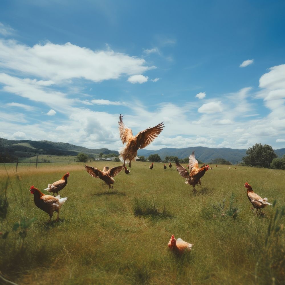 Free-range chickens field grassland outdoors. AI generated Image by rawpixel.