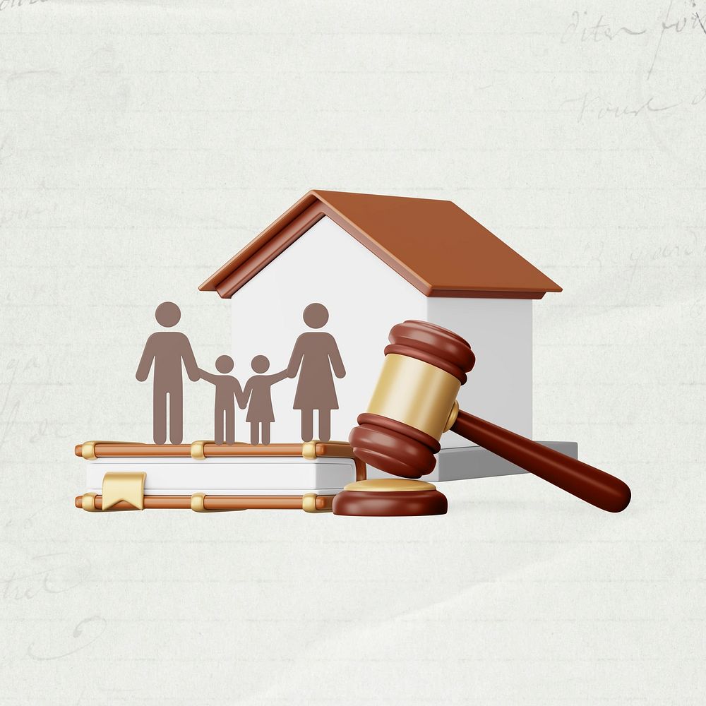 Family lawyer remix, 3D gavel and home illustration