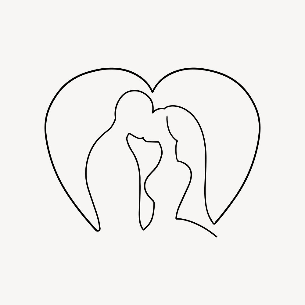 Kissing couple heart, minimal line art illustration vector