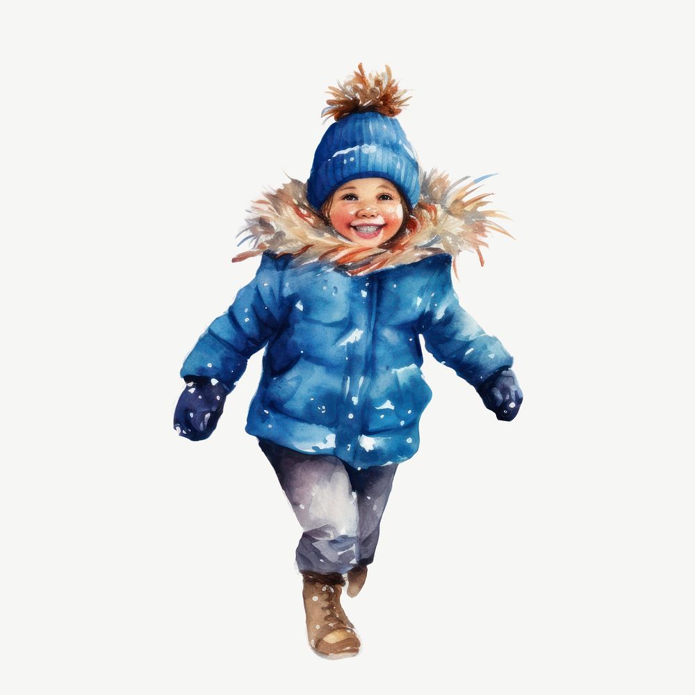 Little girl in winter coat, watercolor collage element psd