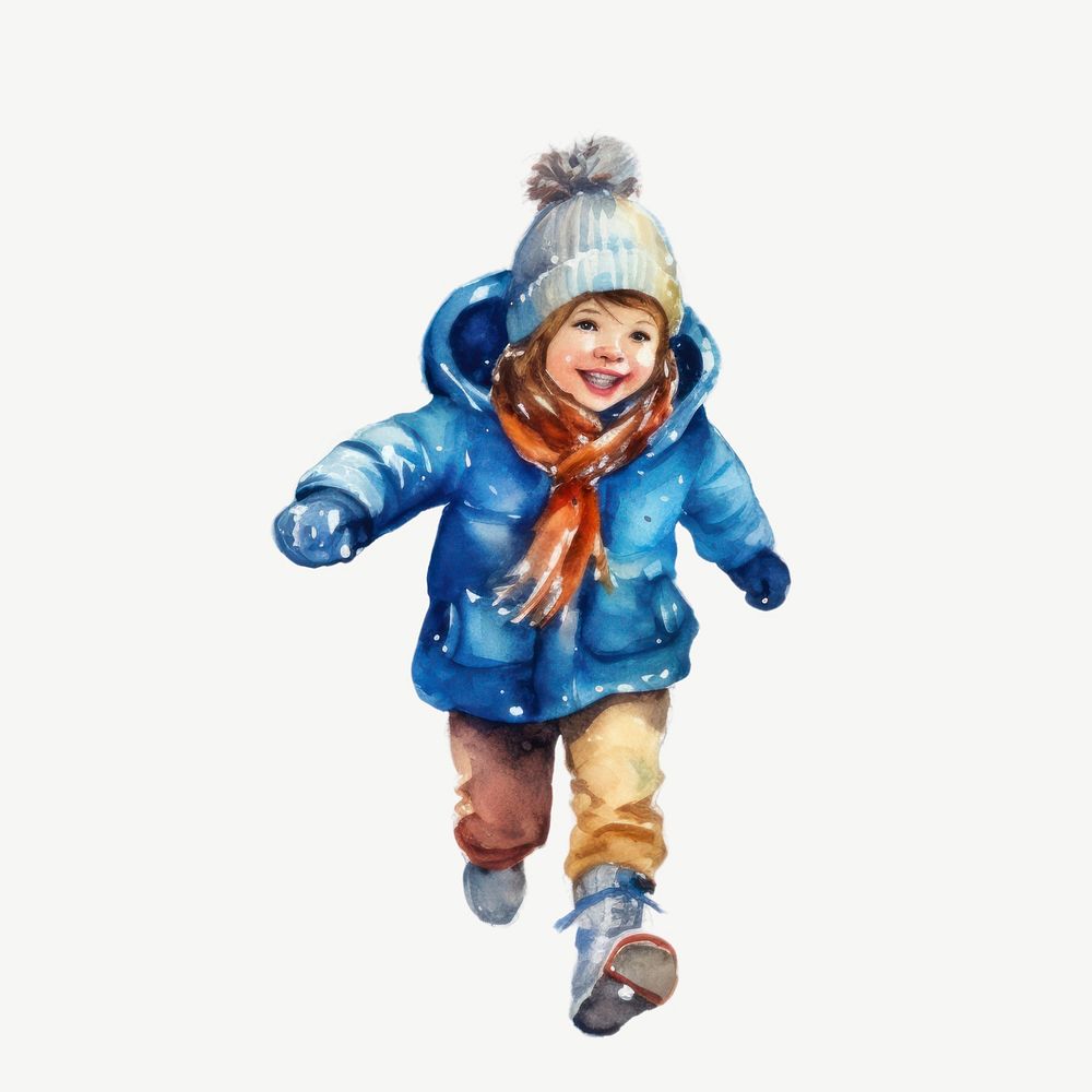 Little girl in winter coat, watercolor collage element psd