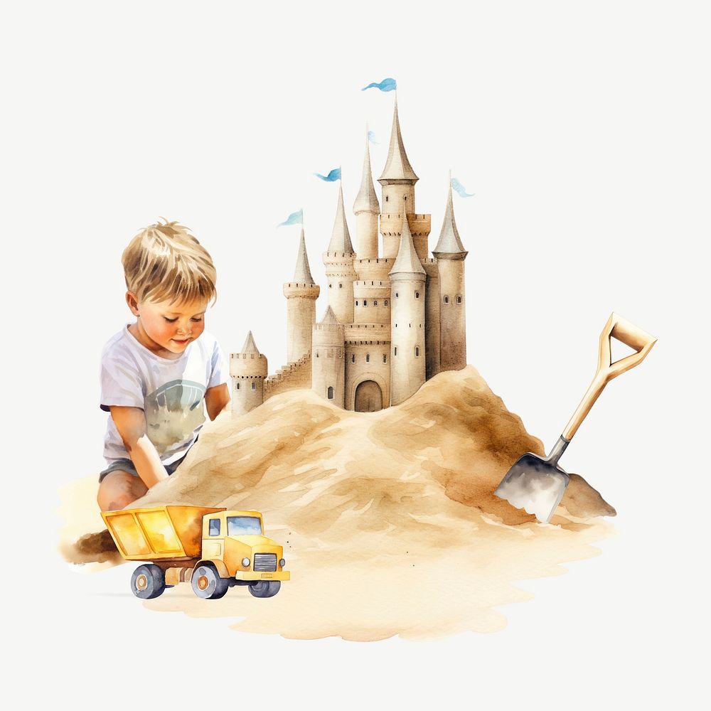 Sand castle, watercolor collage element psd
