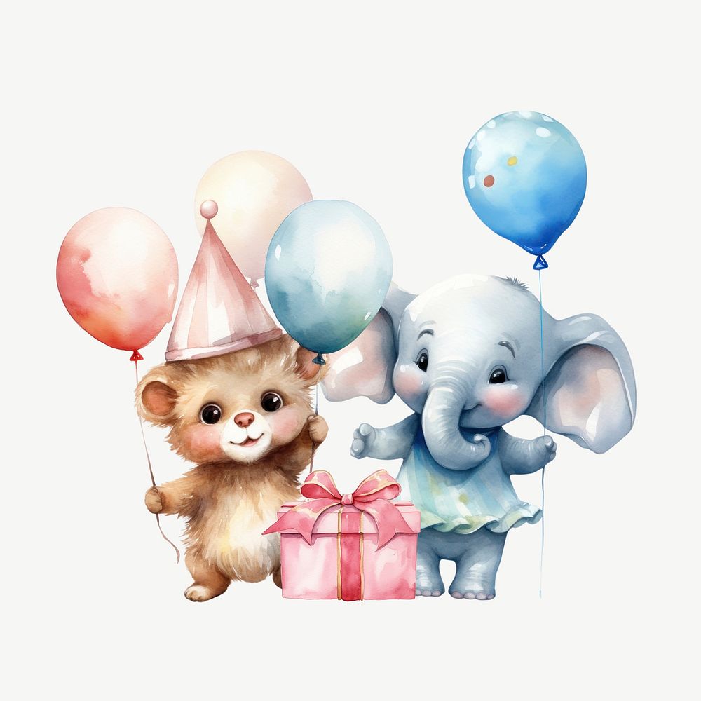 Birthday bear & elephant, watercolor collage element psd
