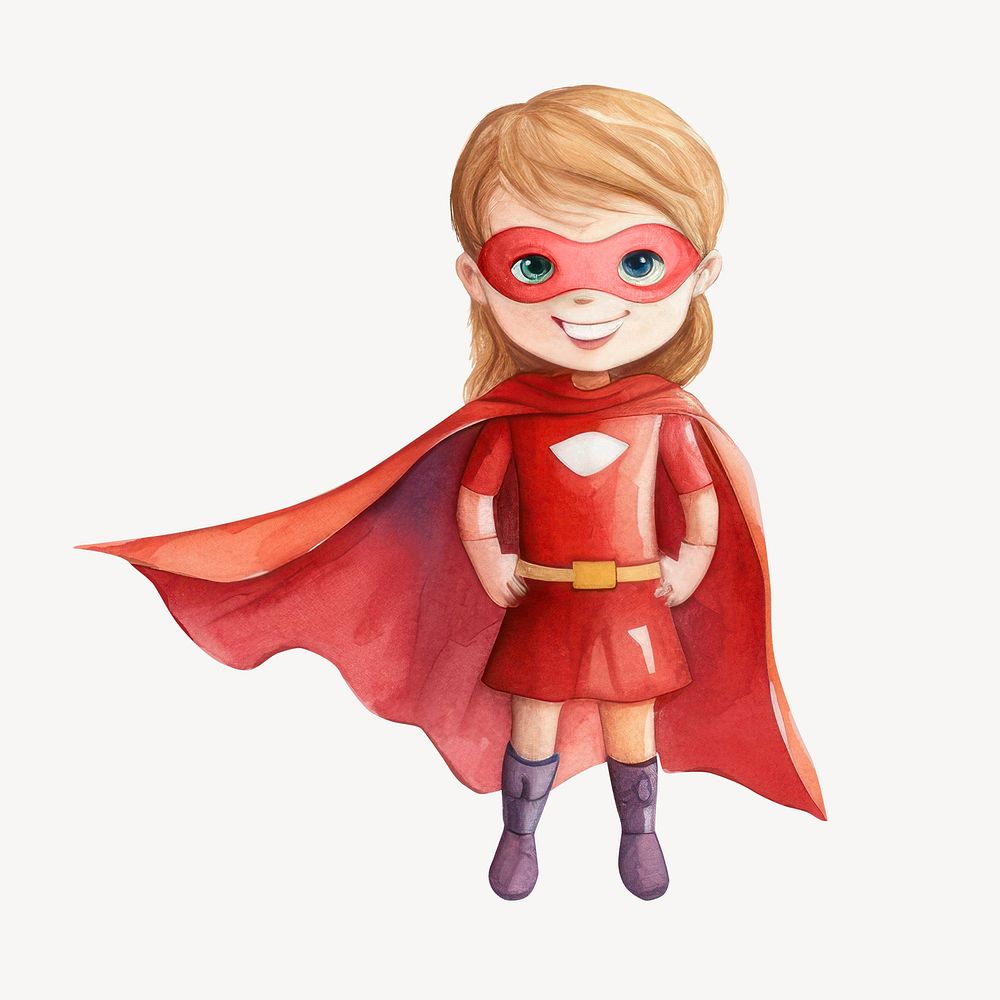 Little superhero girl, watercolor illustration