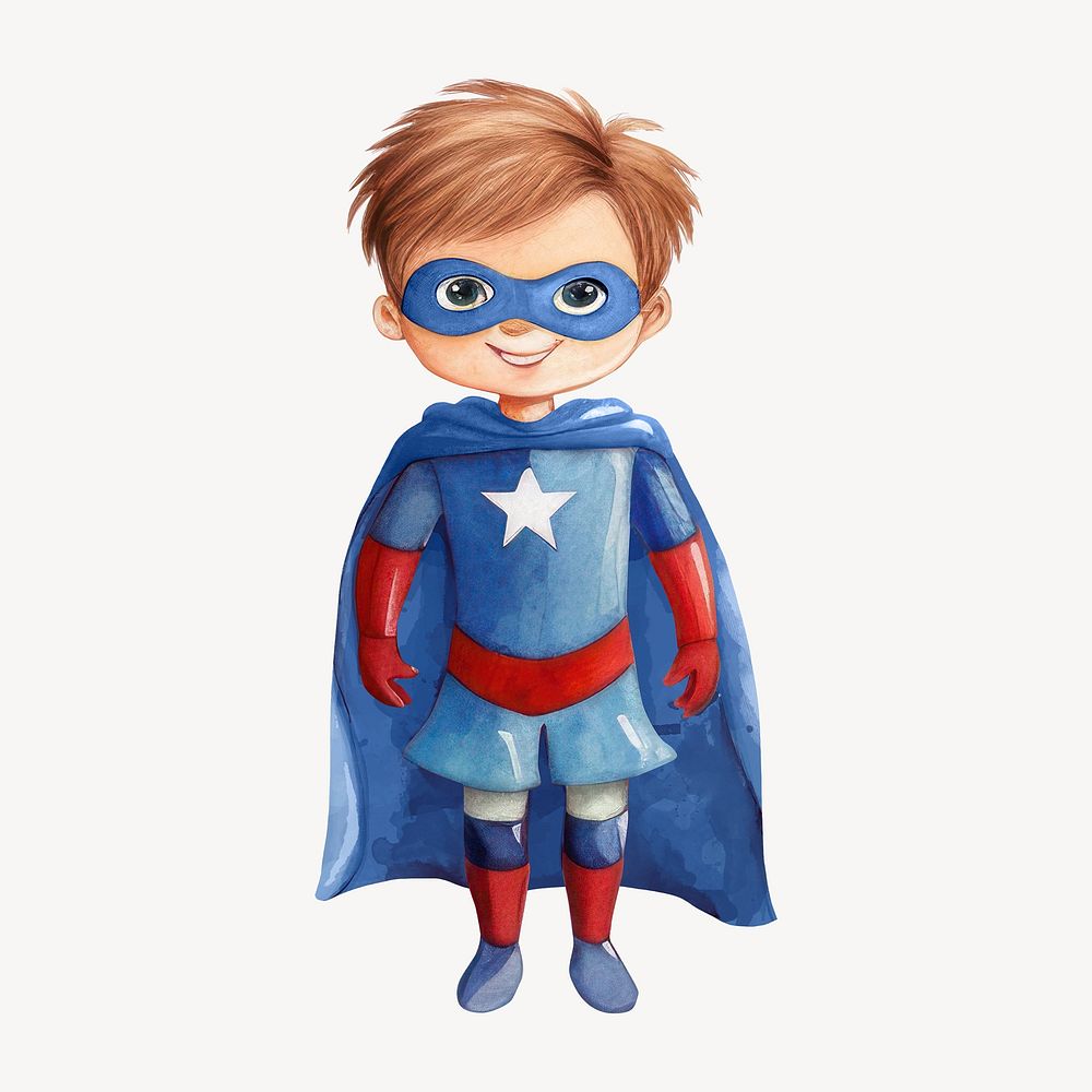 Little superhero boy, watercolor illustration