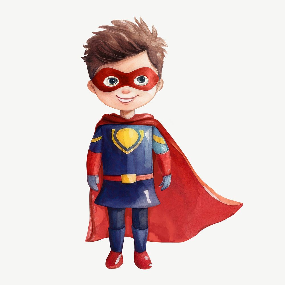 Little superhero boy, watercolor collage element psd