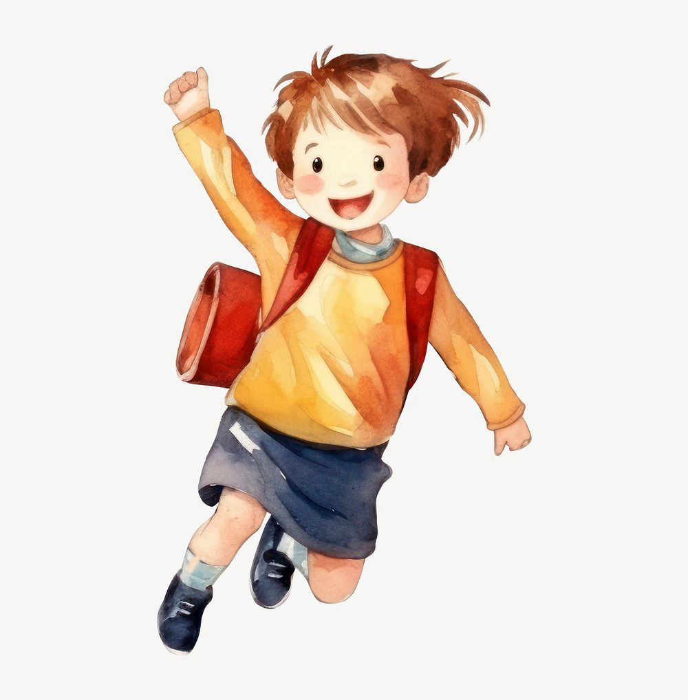 Happy boy student, watercolor collage element psd