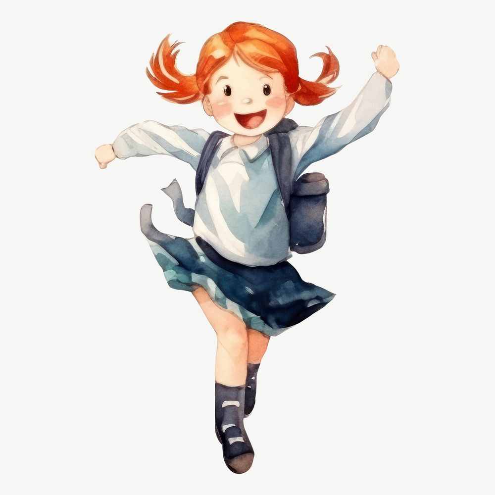 Happy girl student, watercolor collage element psd