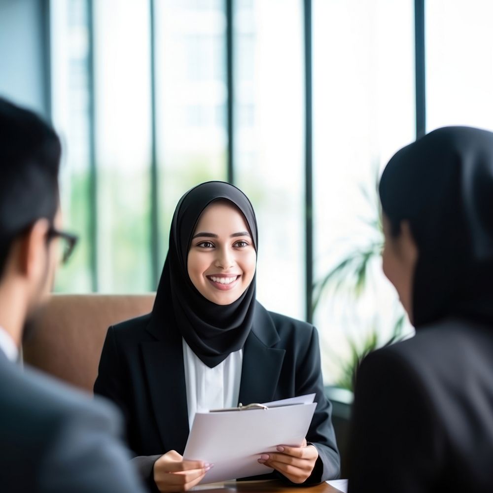 Muslim senior female lawyer talking office adult. 