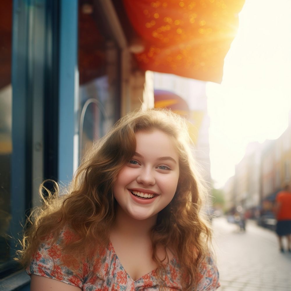 Chubby teen girl portrait smile street. AI generated Image by rawpixel.