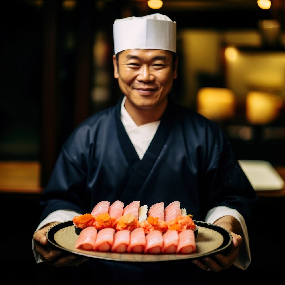 Japanese sushi chef adult plate food. 