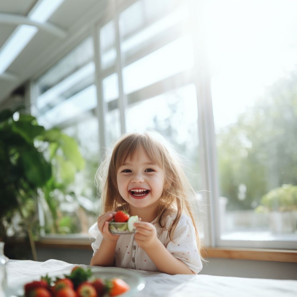 Strawberry eating child happy. AI generated Image by rawpixel.