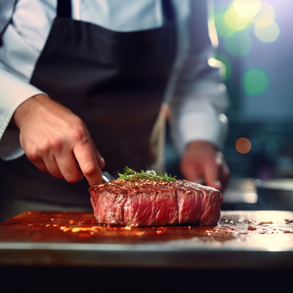 Chef cooking kitchen meat. 