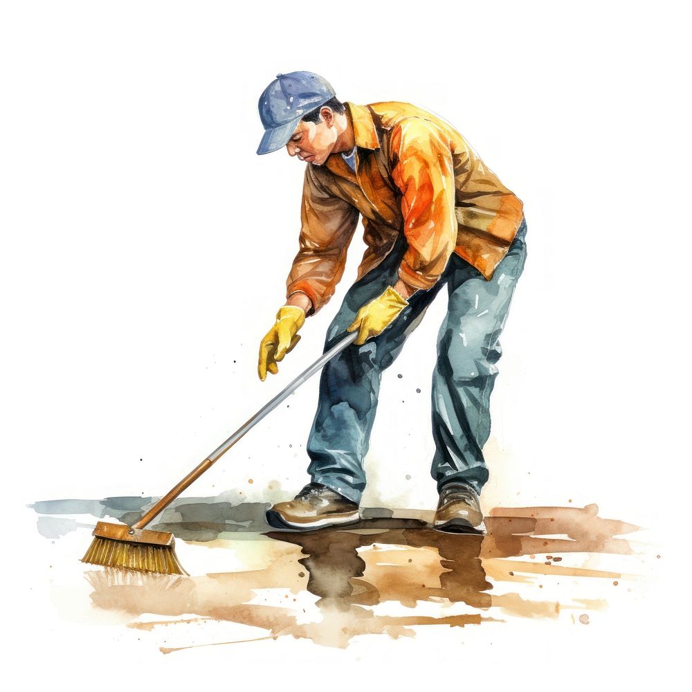 Watercolor man mopping floor cleaning adult tool. AI generated Image by rawpixel.