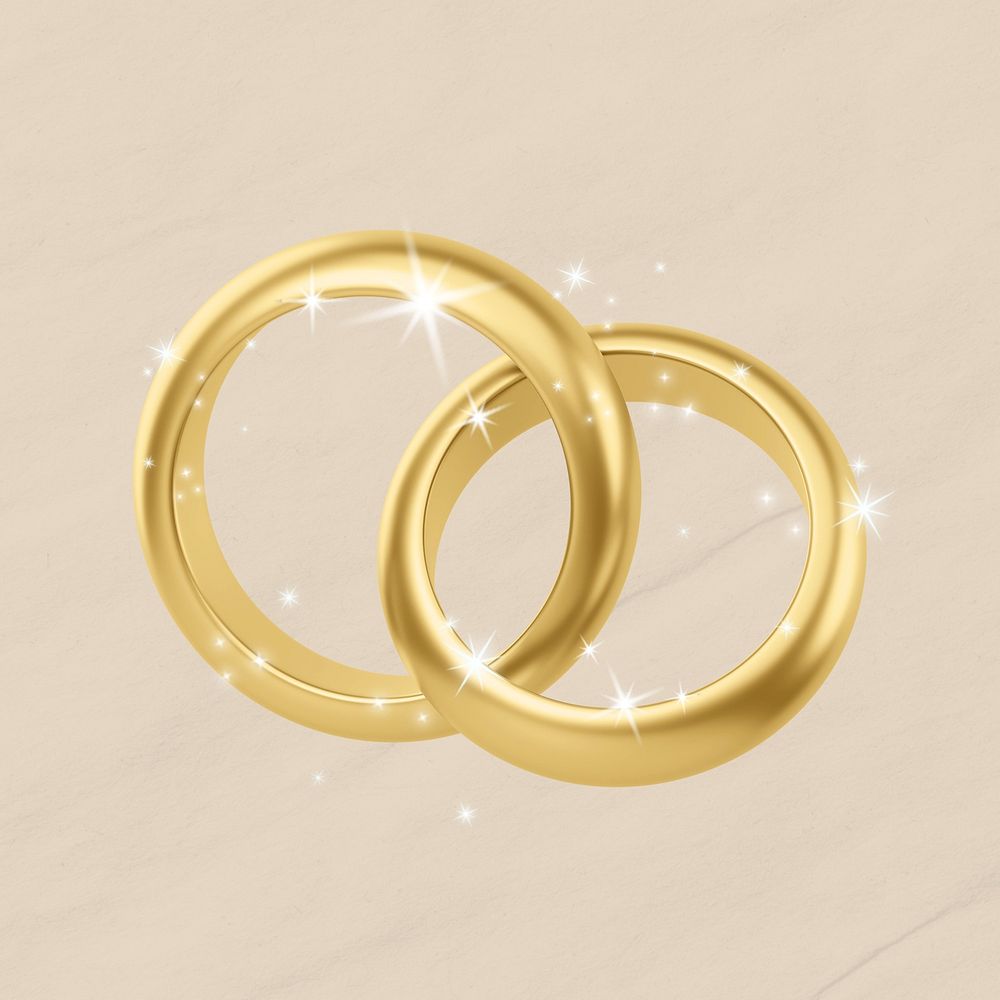 Gold wedding rings, 3D sparkly jewelry illustration