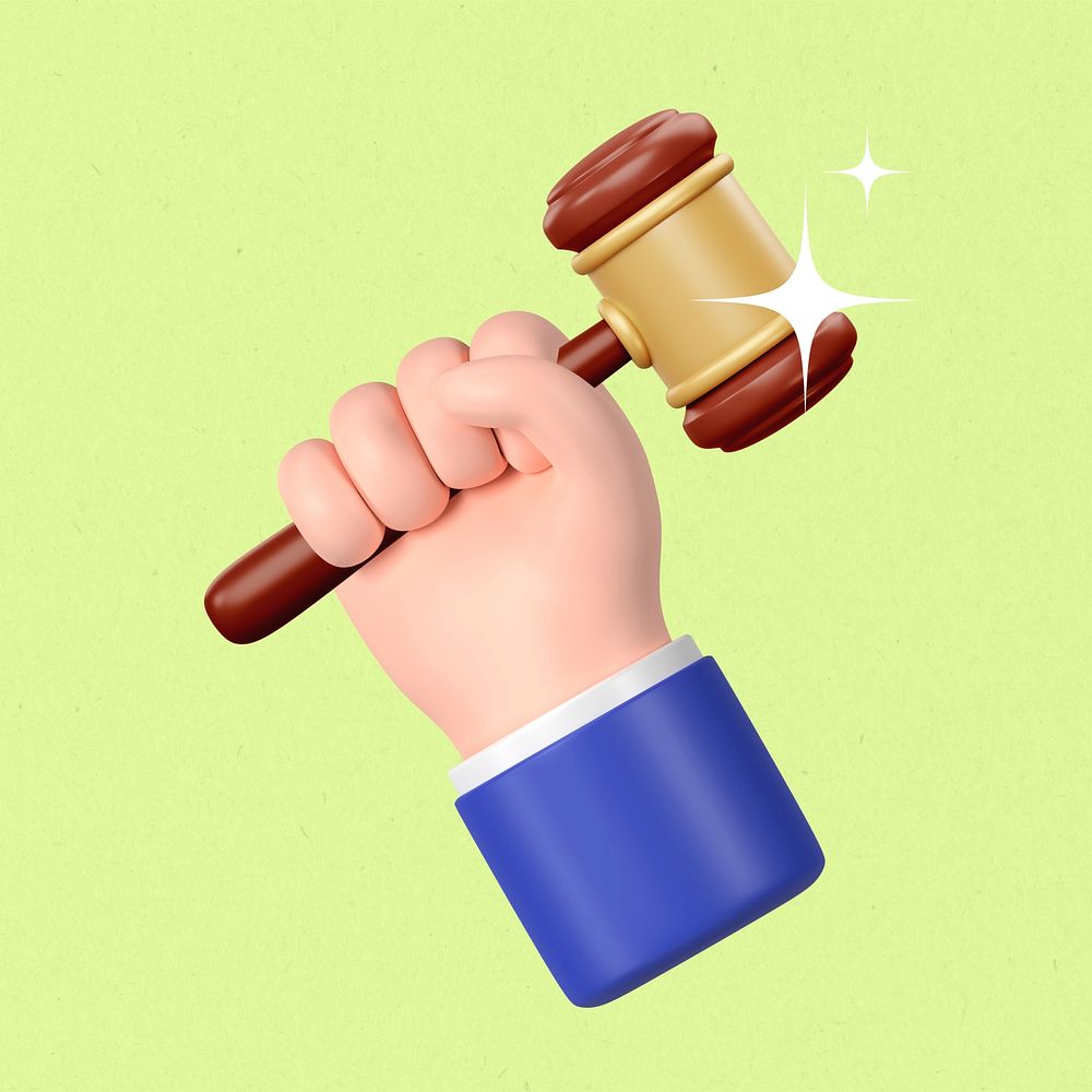 Hand holding gavel, 3D law remix
