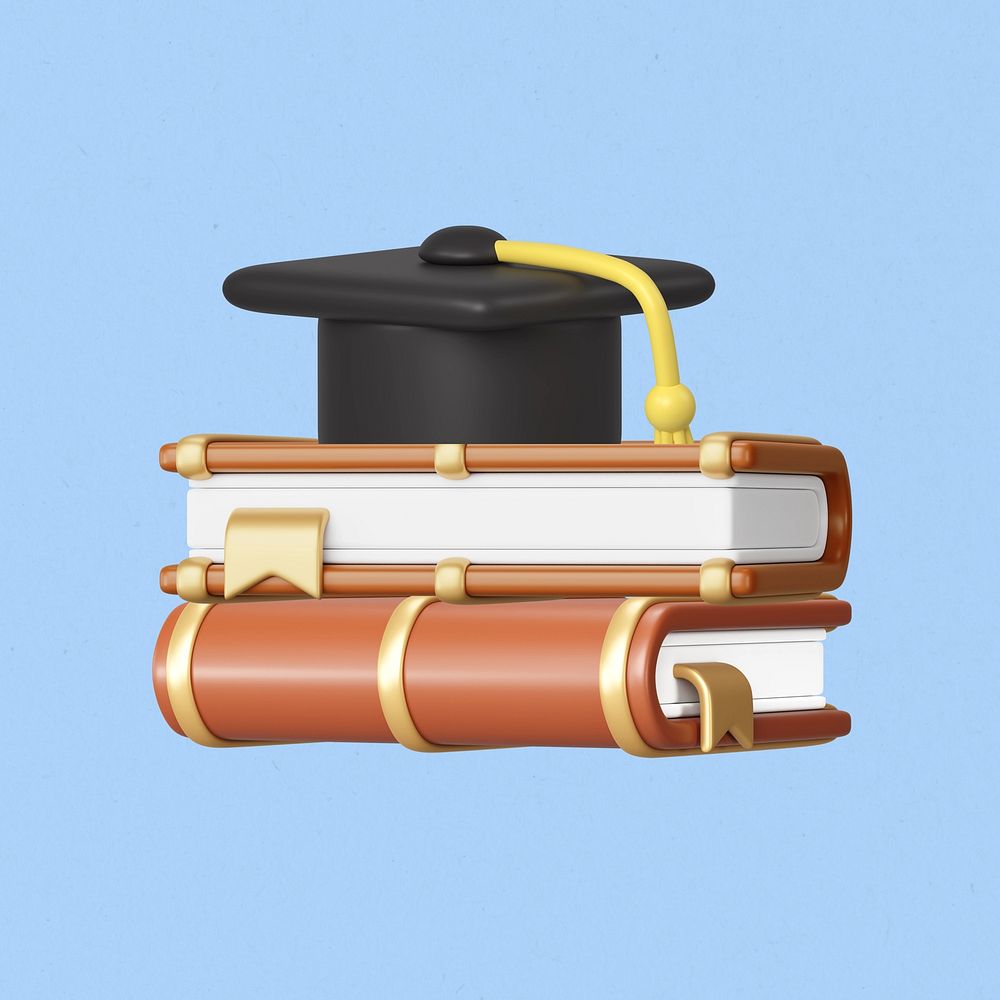 Graduation cap, book stack, 3D education remix