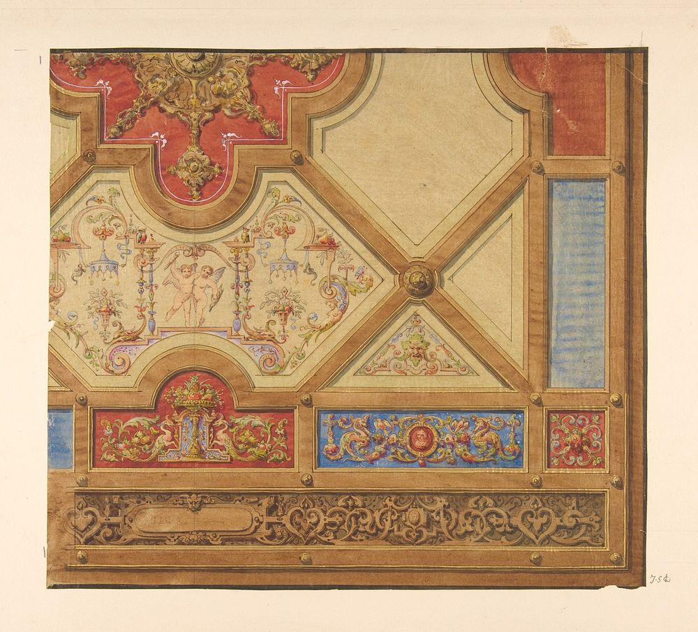 Partial design for the decoration of a ceiling in geometric panels painted with putti, masks., and griffins by Jules Edmond…