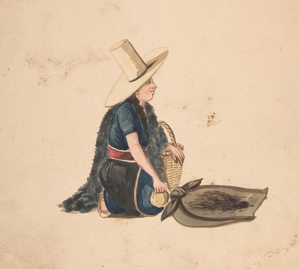 A Woman Kneeling Selling Produce, Anonymous, Peruvian, 19th century