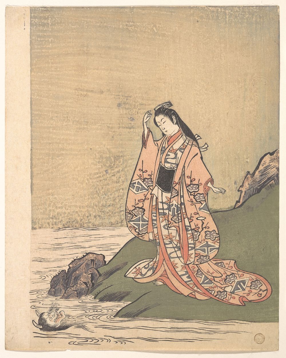 A Girl on the Edge of a Stream Sees a Demon's Head in the Water