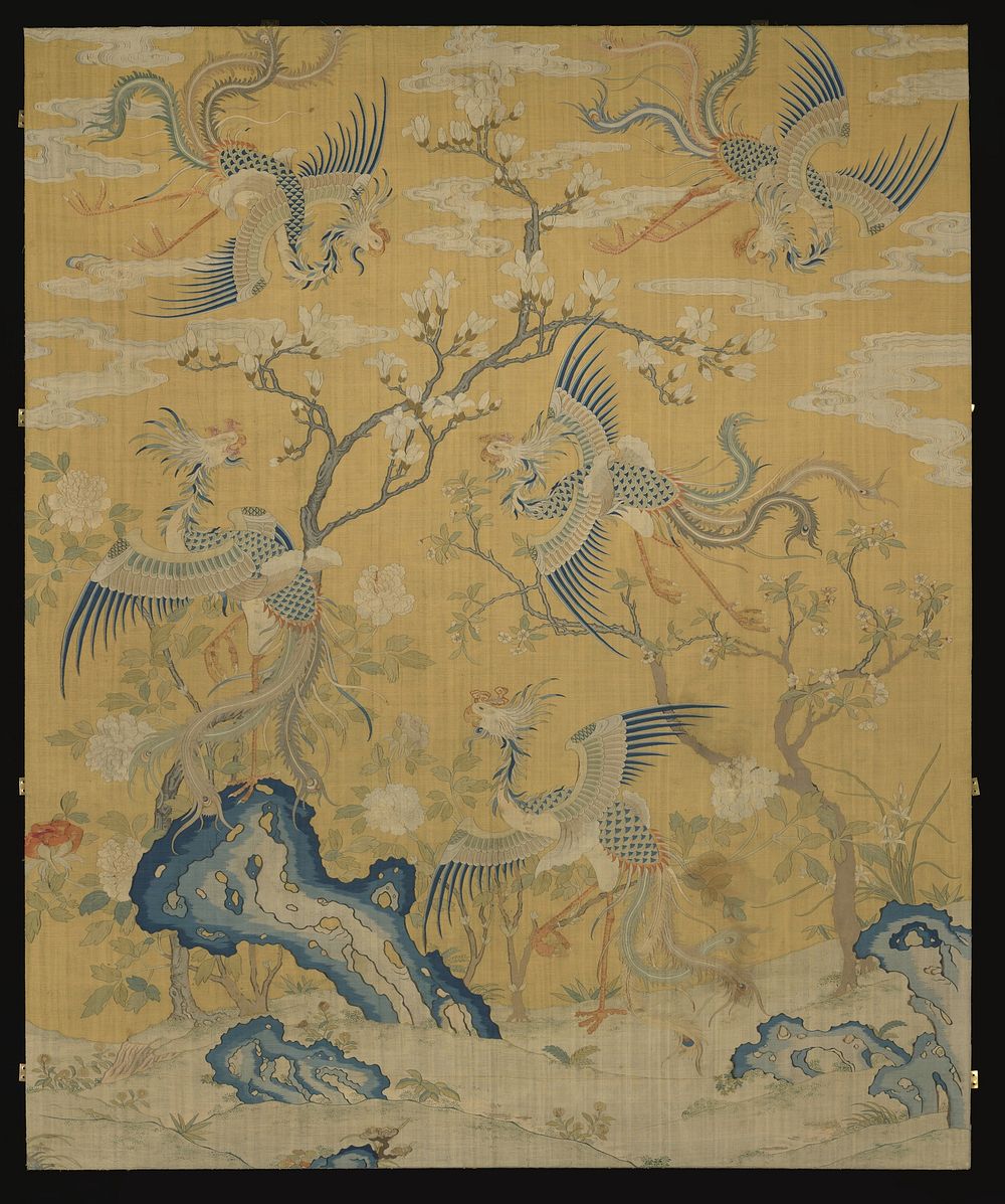 Panel with five phoenixes in a garden