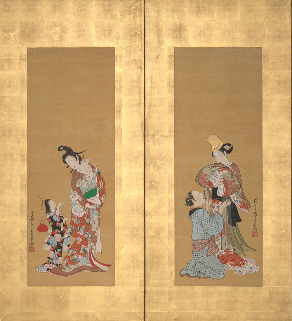 Shirabyōshi Dancer and Female Servant; Courtesan and Girl Attendant by Tsukioka Settei