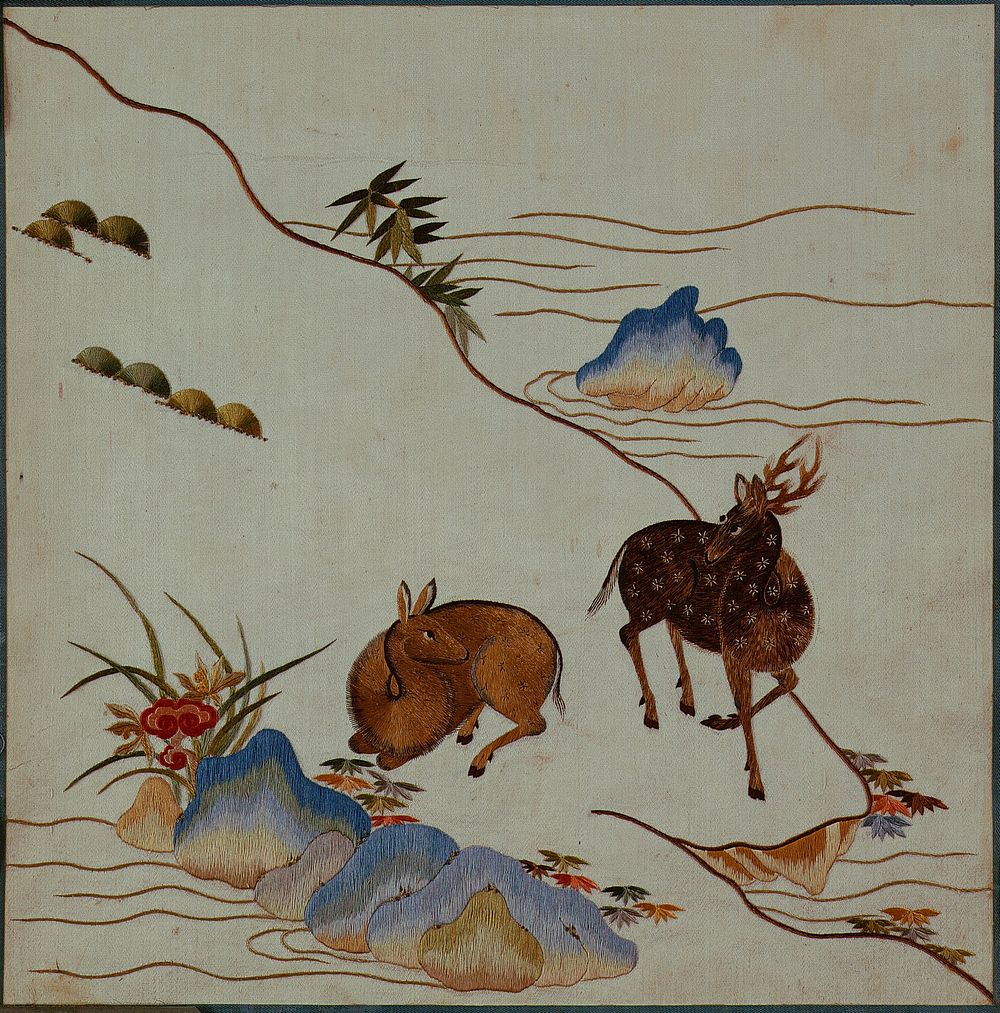 Landscape with Pair of Spotted Deer, Bamboo, Pine, Lingzhi Fungus, Iris, Water plants and Rocks