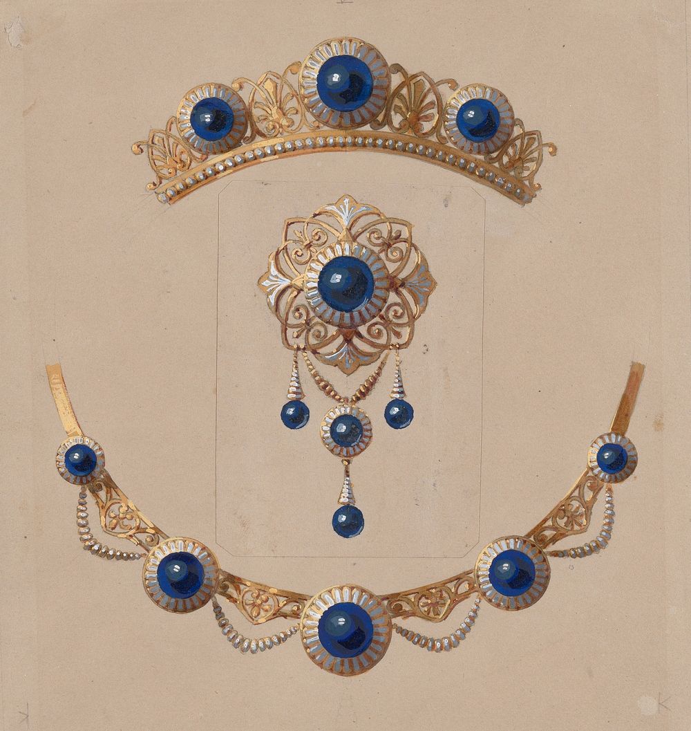 Parure of diadem, brooch and necklace with lapis lazuli and enamel by Alexis Falize