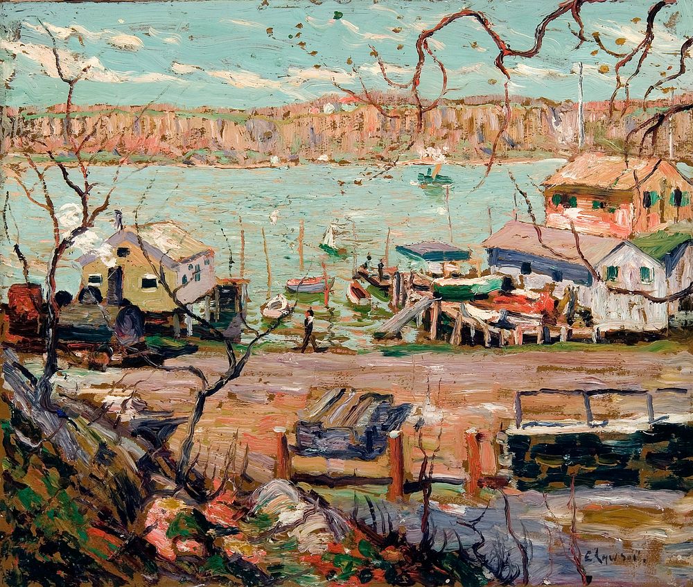 River Scene–Boats and Houses by Ernest Lawson