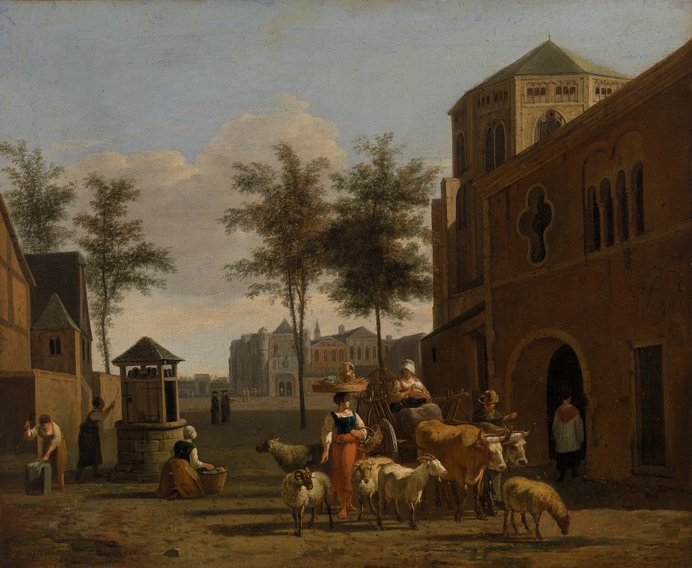View of a Town with Figures, Goats, and Wagon before a Church by Gerrit Adriaensz. Berckheyde