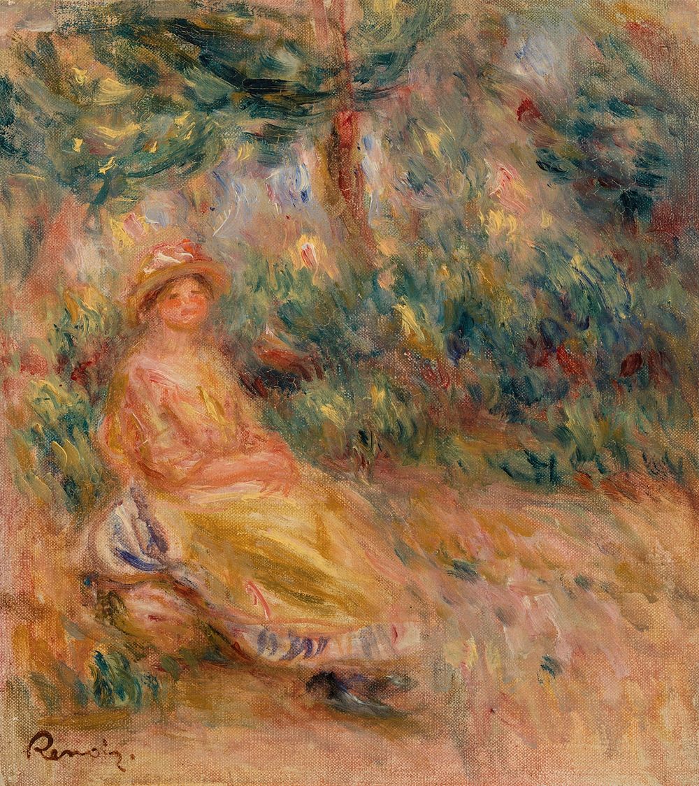 Woman in Pink and Yellow in a Landscape (Femme en rose et jaune dans un paysage) by Pierre Auguste Renoir