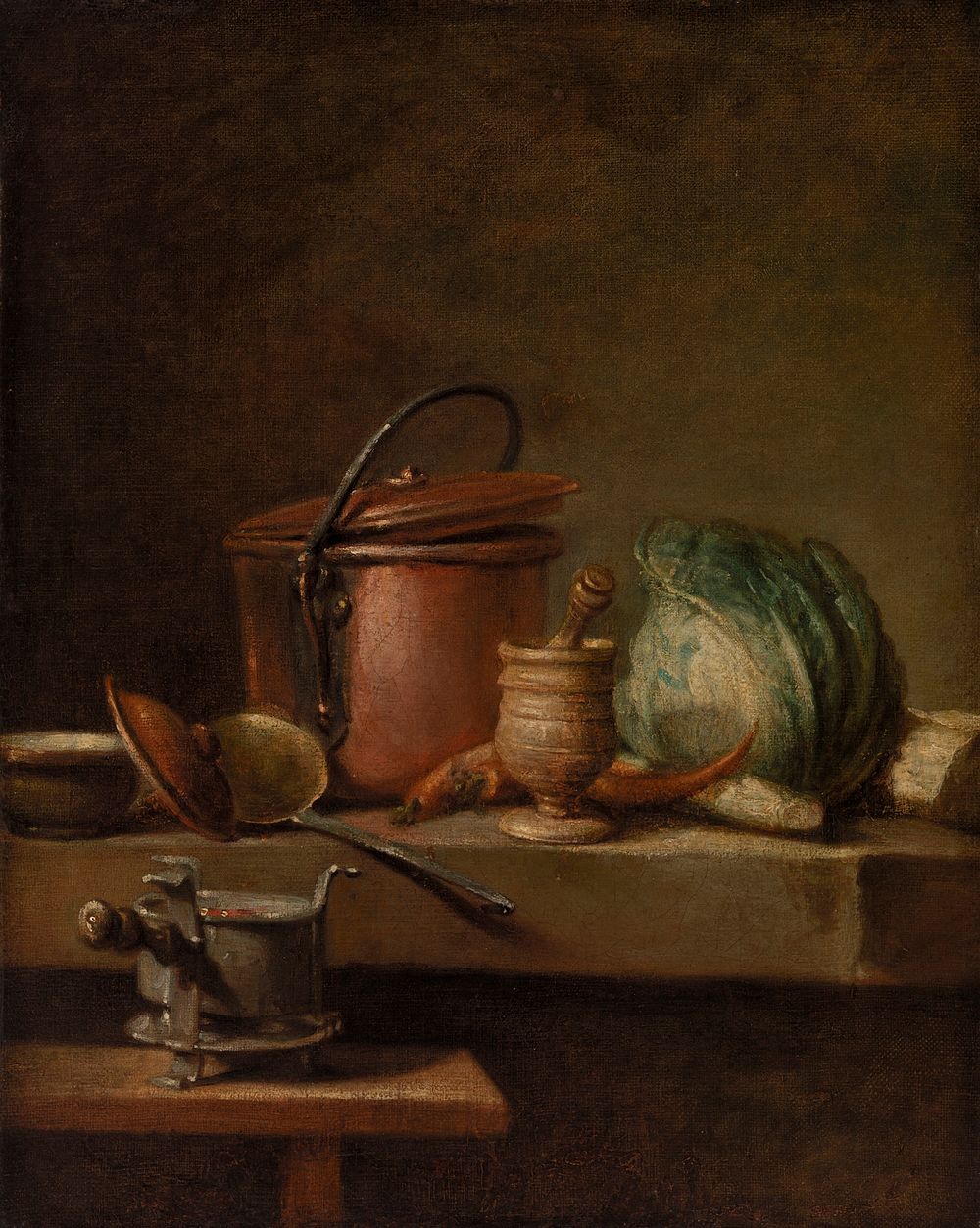 Still Life with Copper Pot, Cabbage, Pestle, and Stove (Table de cuisine avec marmite de cuivre, chou, égrugeoir et réchaud)…