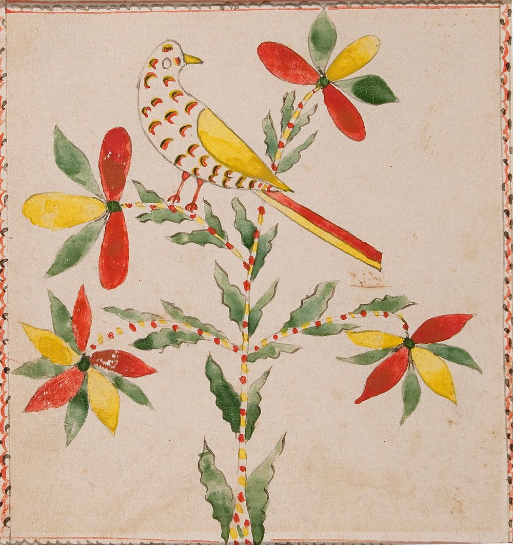 Tiny Yellow and Red Bird on Flowering Twig by Unidentified artist