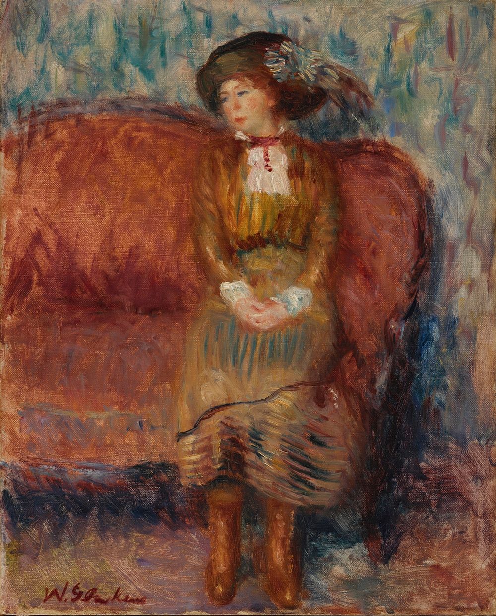 Woman Seated on Red Sofa by William James Glackens