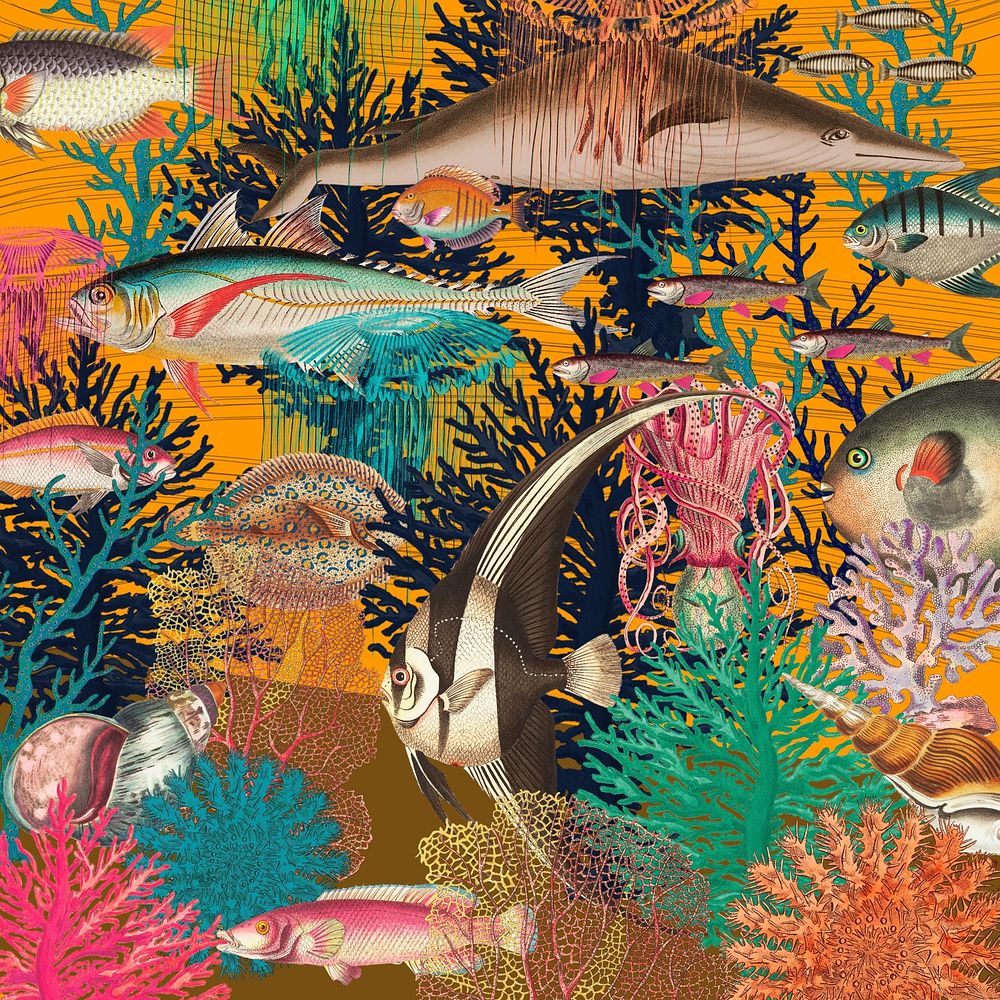 Vintage underwater patterned background, marine life illustration