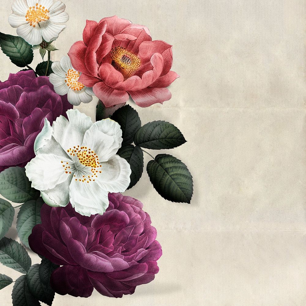 Aesthetic vintage flower border, beige paper textured background