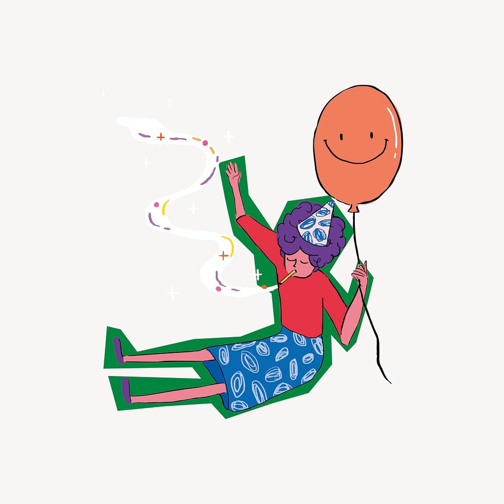 Floating birthday woman, funky illustration vector